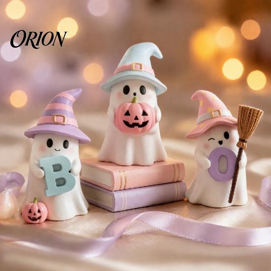 Small Halloween Desk Decorations 3Pcs Pink Ghost Figurines, Cute Spooky Resin Decor with Pumpkin Unique Holiday Gifts BOO Letter, Sweet Tabletop