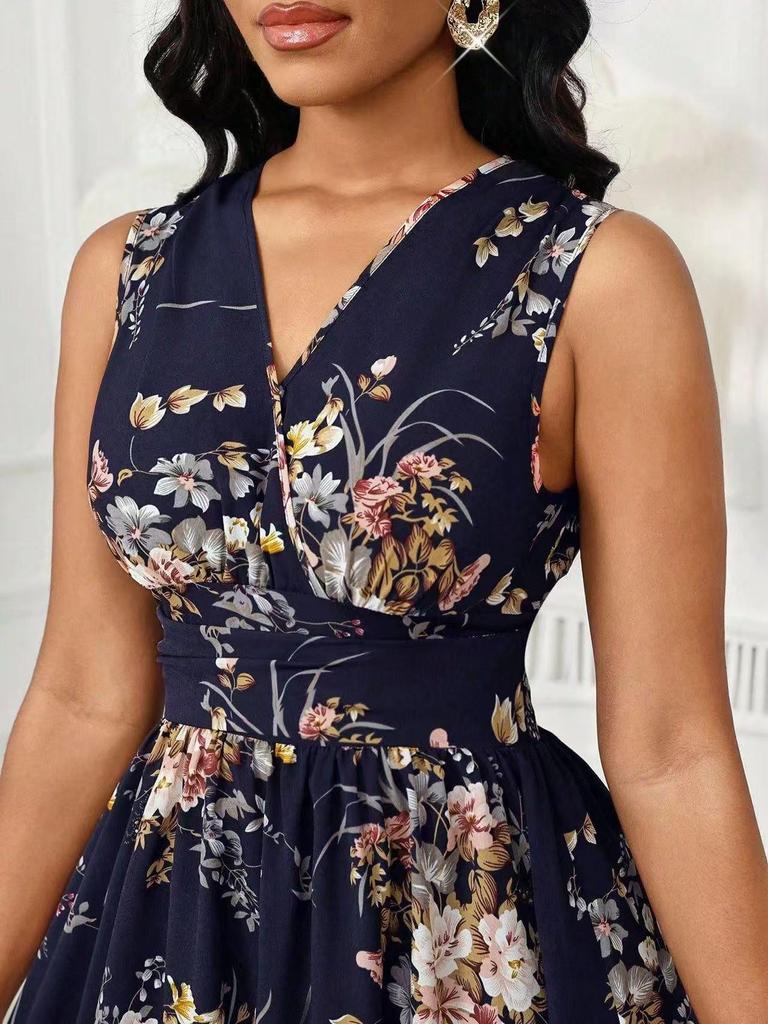 European & American Women's Plus Size Floral Sleeveless V-Neck Midi Dress