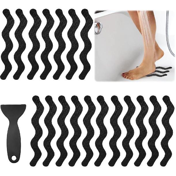 24PCS Bathtub Non Slip Stickers Blue Safety Anti Slip Shower Strips Adhesive Decals Scraper for Bath Tub Stairs Steps Floor Ladders with Premium
