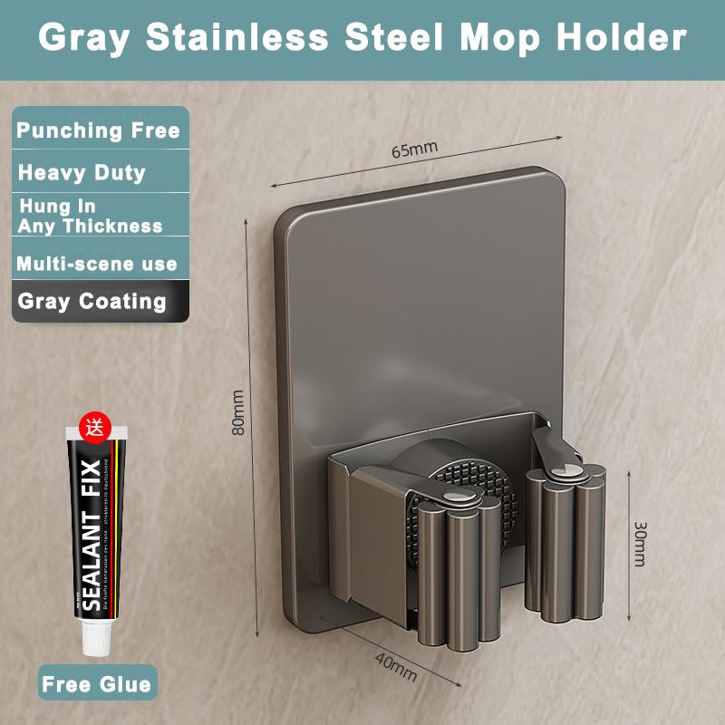 304 Stainless Steel Mop Holder Wall Mounted Adhesive Multi-Purpose Hooks Household Storage Organizer Rack Broom Hanger Stick