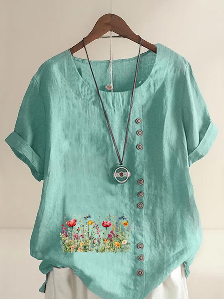 Women's Fashion Flower Bed Print Round Neck Short Sleeve T-shirt Casual Cotton Linen Graphic Shirt Leisure Loose Summer Blouse Tops