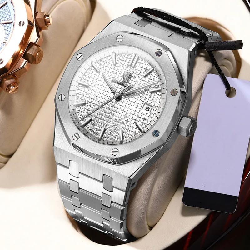 POEDAGAR Fashion Men's Watch Original Waterproof Stainless Steel Wristwatch Luminous Date Mineral Glass Date Trend Watch for Man