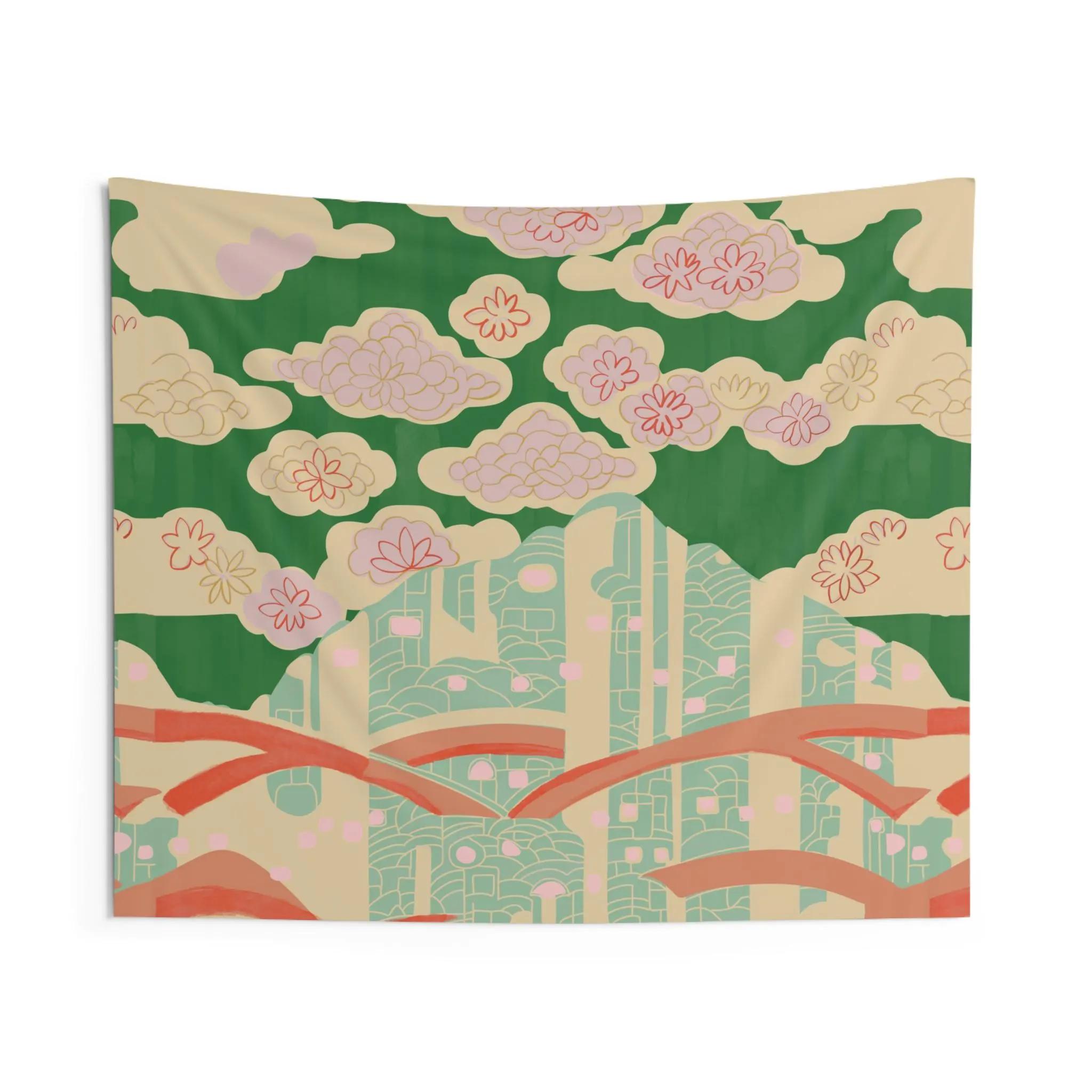 

A green and pink wall tapestry with an abstract design inspired by traditional Japanese textiles room decor 74x94cm(29x37in)