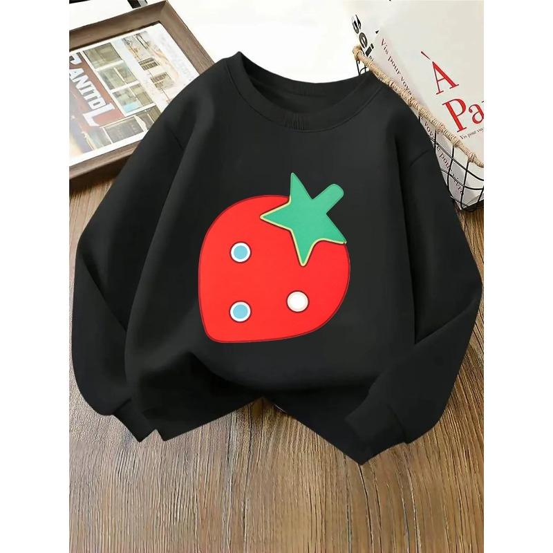 Girls' Crewneck Sweatshirt - Strawberry Shape with Blue Dots And Machine Washable, Spring And Autumn