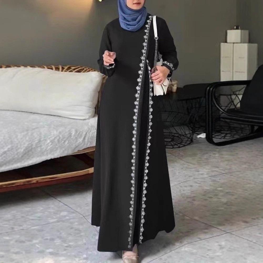 Muslim Women's Solid Color Lace Trim Casual Dress with Long Sleeves