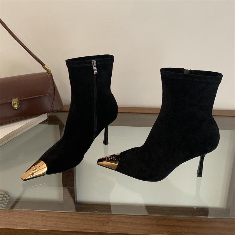 Metal pointed fashion boots autumn and winter French stiletto women's boots black versatile temperament high heel short boots