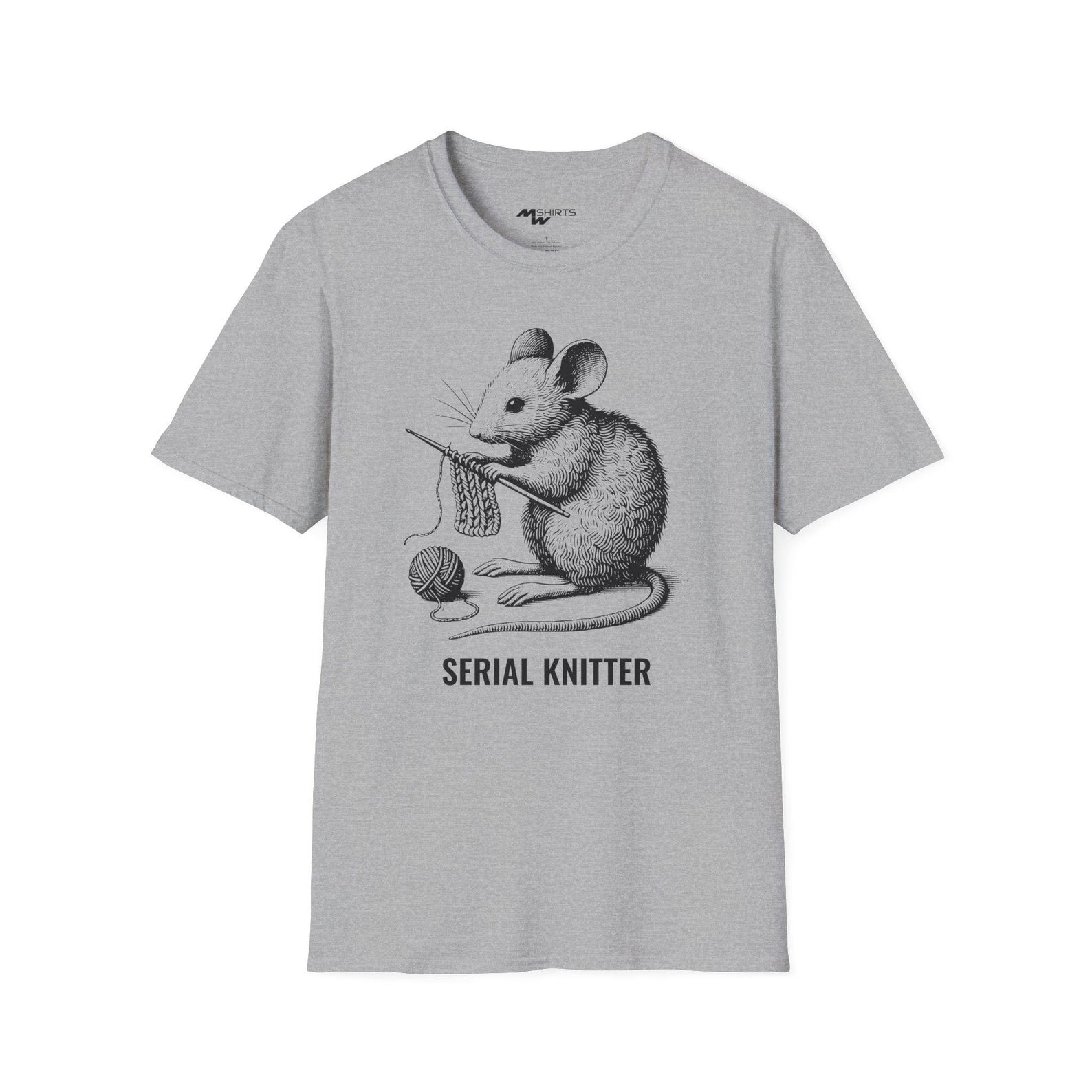 Serial Knitter/ Engraving-Style Knitting Mouse T-Shirt/ Unisex Softstyle T-Shirt S