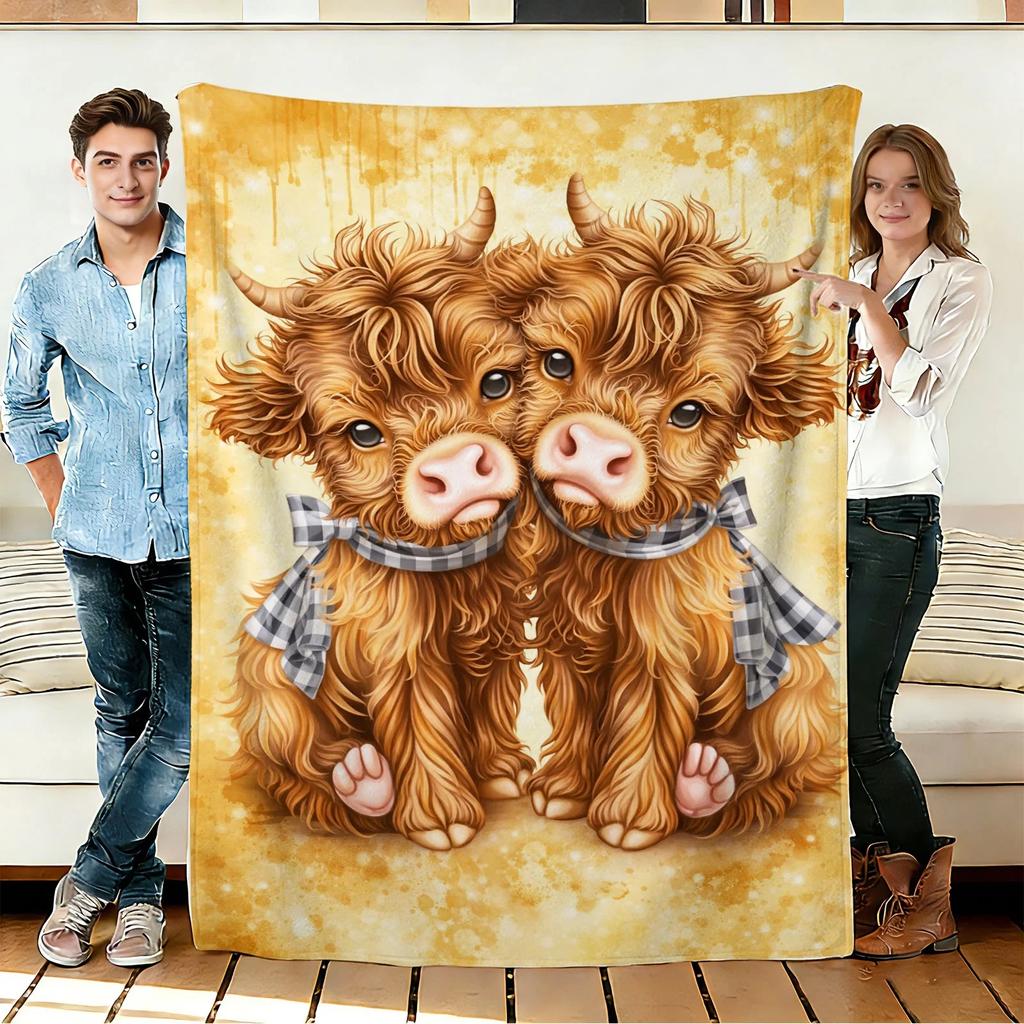 Twin Highland Cows Flannel Blanket Soft Cozy Throws Napping Travel Use