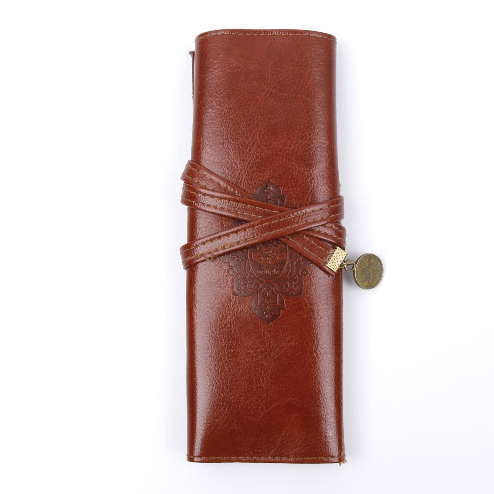 Vintage Roll Up Leather Pencil Case Large Pen Pouch with Embossed Pattern and Tie Closure for Students Artists Office Supplies