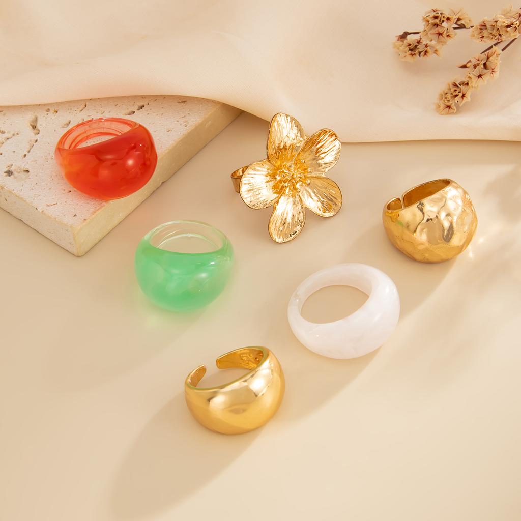 Ingemark 6Pcs/Set Vintage Geometry Resin Flower Rings for Women Trendy Creative Metal Open Adjustable Knuckle Rings Jewelry Gift