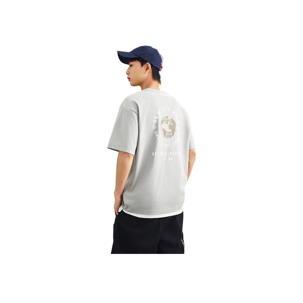 Anta Comfortable Simple Loose Letter Print Breathable Drop Shoulder Short Sleeve T-Shirt Unisex Tops Moss-Grey-Green 152527123-2
