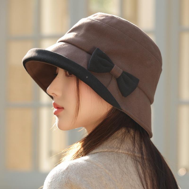 Autumn and Winter New Basin Hat Bow Bucket Hat Bucket Hat Windproof Thick Warm Hat for Skiing, Running, Cycling