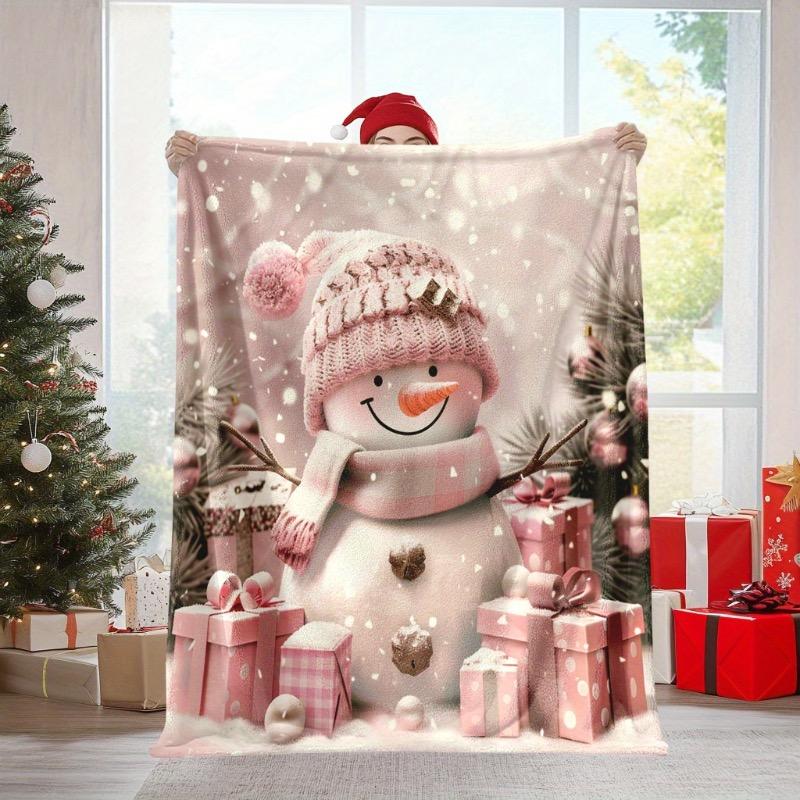 Glam Style Pink Snowman with Christmas Gifts Print Flannel Throw Blanket-All Seasons Mixed Color Knitted Polyester Multipurpose
