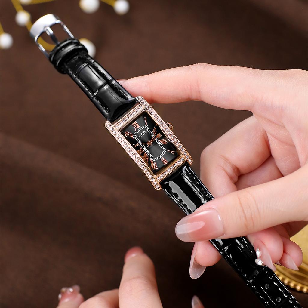 Retro Style Diamond-Encrusted Temperament Small Square Watch Niche High-End Student Watch Women'S Belt Quartz Watch