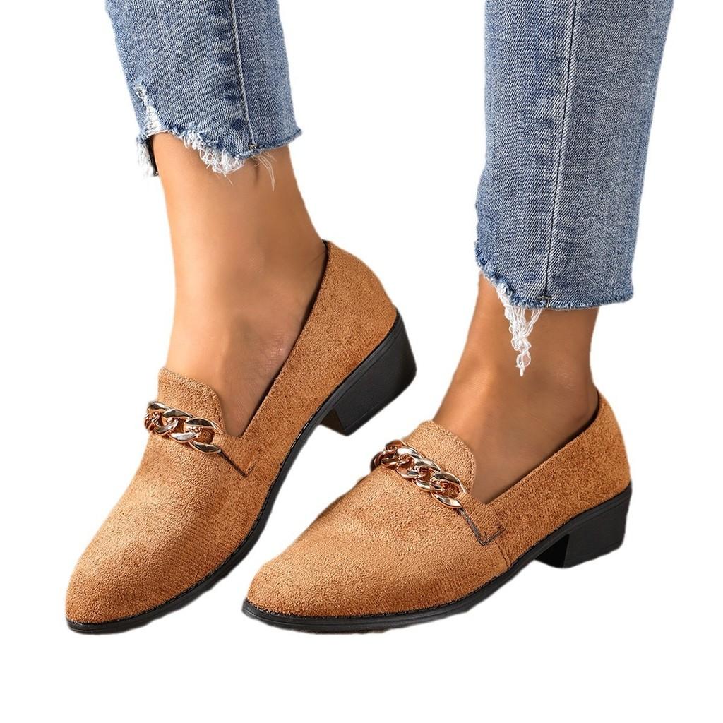Comfortable Chunky Heel Slip-on Shoes For Women With Stylish Metal Chain Design