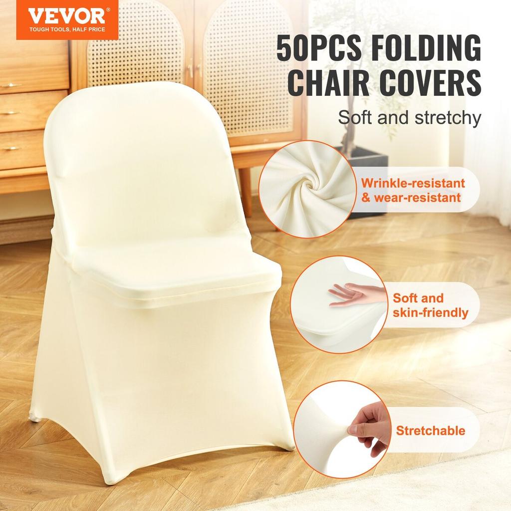 50PCS Ivory White Stretch Spandex Folding Chair Covers, Universal Fitted Chair Cover, Removable Washable Protective Slipcovers, for Wedding, Holiday,
