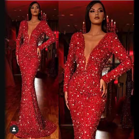 Winter new European and American women's dress fishtail edge red shiny long-sleeved v-neck dress long dress