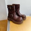 Autumn new leather thick-soled belt buckle Martin boots women's retro mid-tube locomotive boots