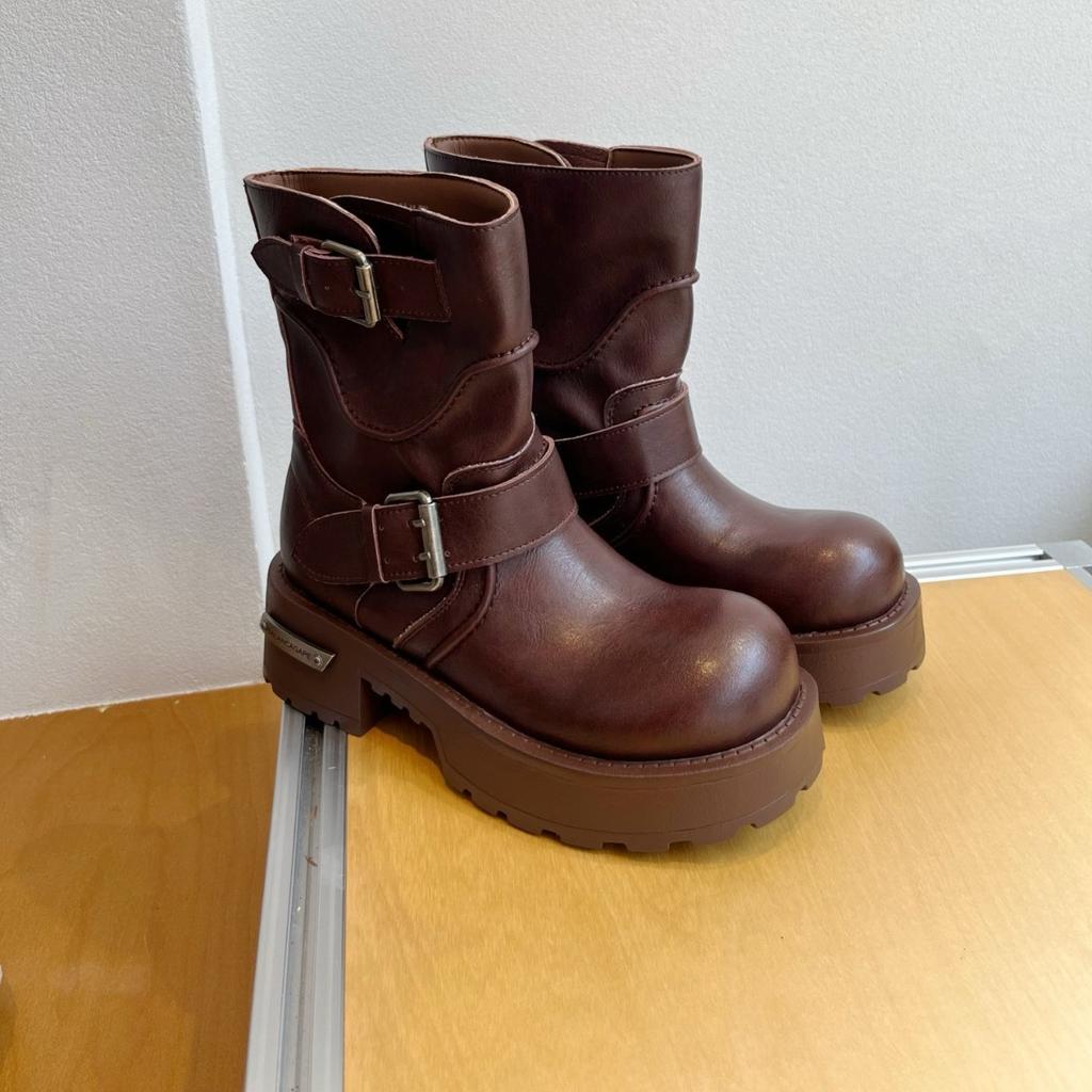 Autumn new leather thick-soled belt buckle Martin boots women's retro mid-tube locomotive boots