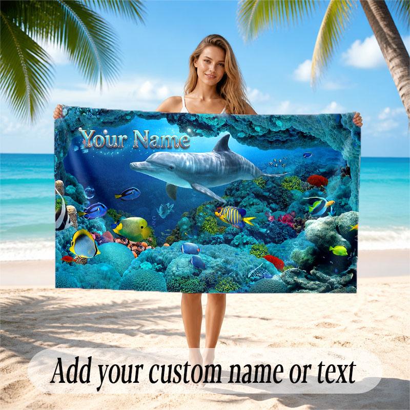 Fish Ocean Theme Beach Towel Personalized Custom Name & Text Soft Quick Dry Beach Towel for Swimming Travel