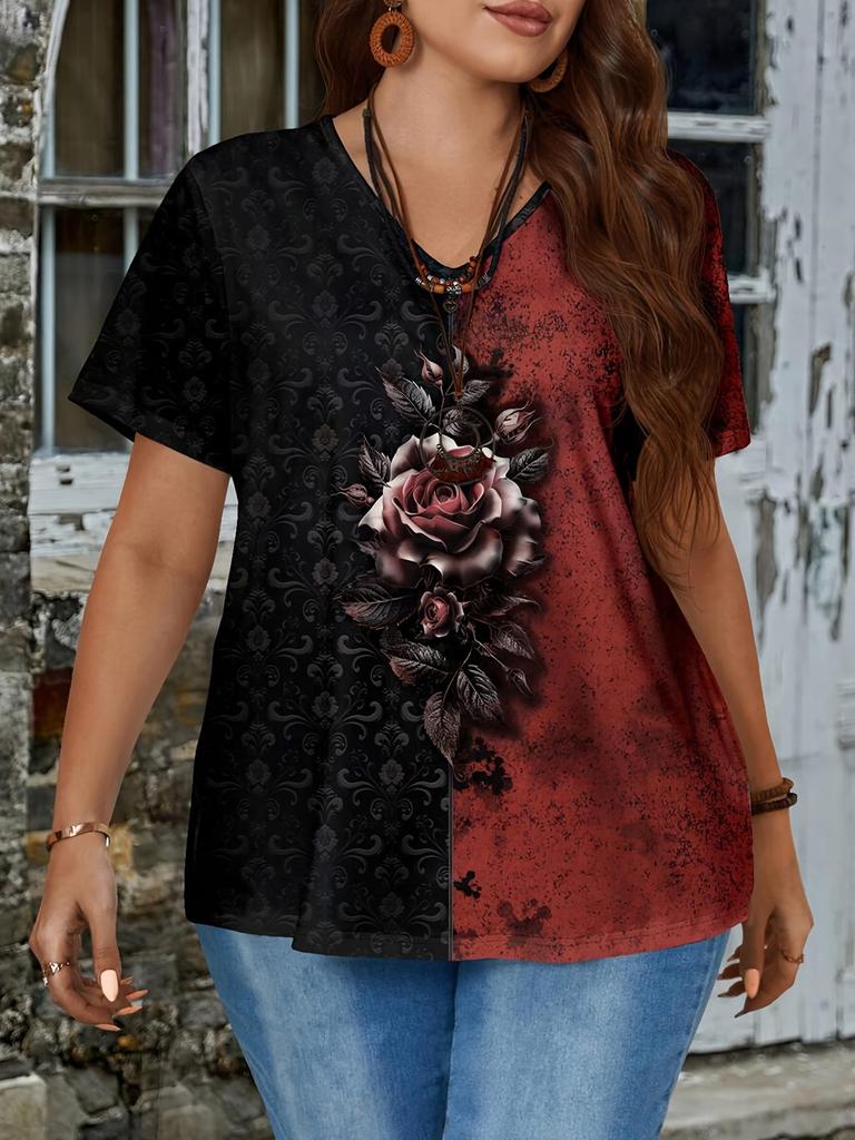 Damen Übergröße Floral V-Ausschnitt Kurzarm Pullover (2025)