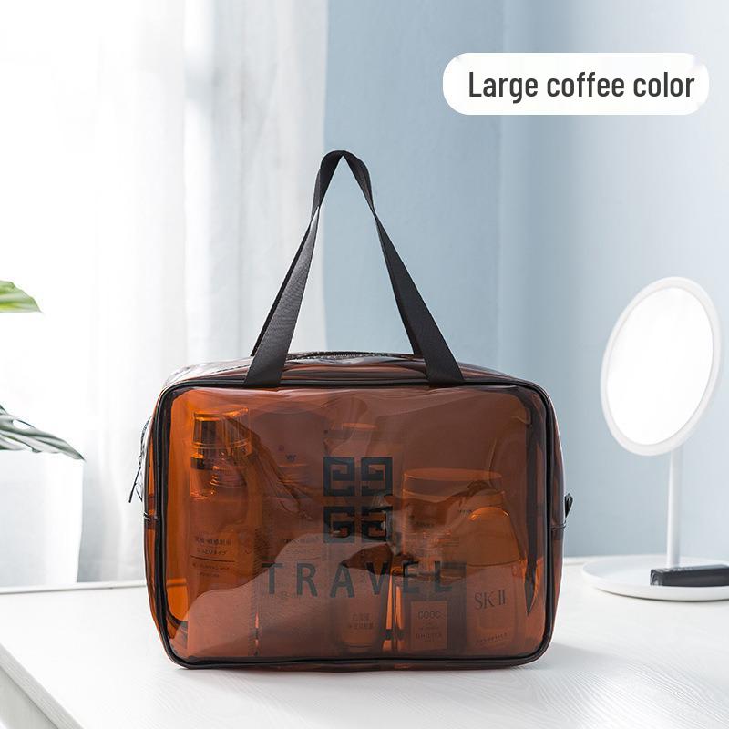 Transparent PVC Toiletry Bag with Wet and Dry Sections - Tea Color Makeup Storage