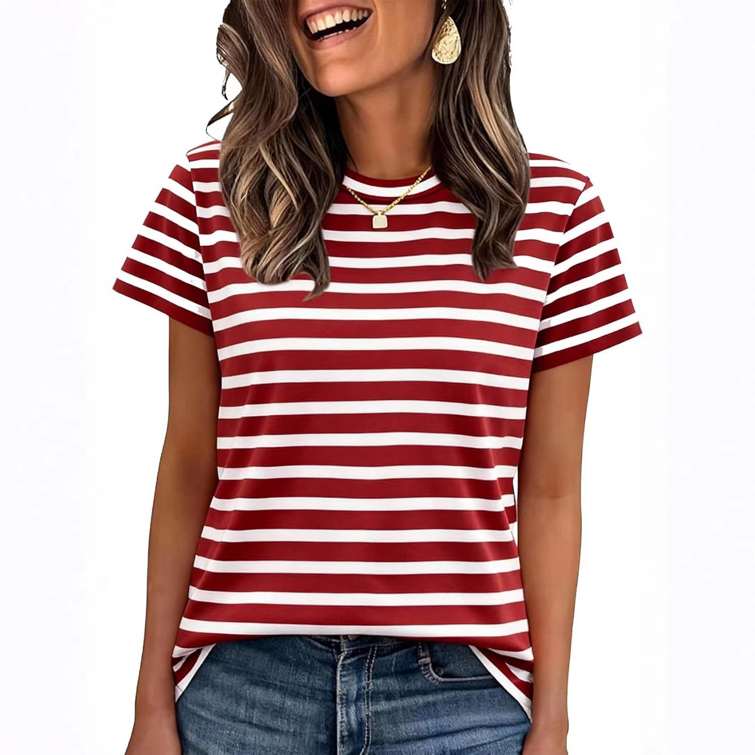 

Women s Summer Casual Striped Short Sleeve T-Shirt Crew Neck Regular Fit Basic Daily Wear Fashion Top M кларет