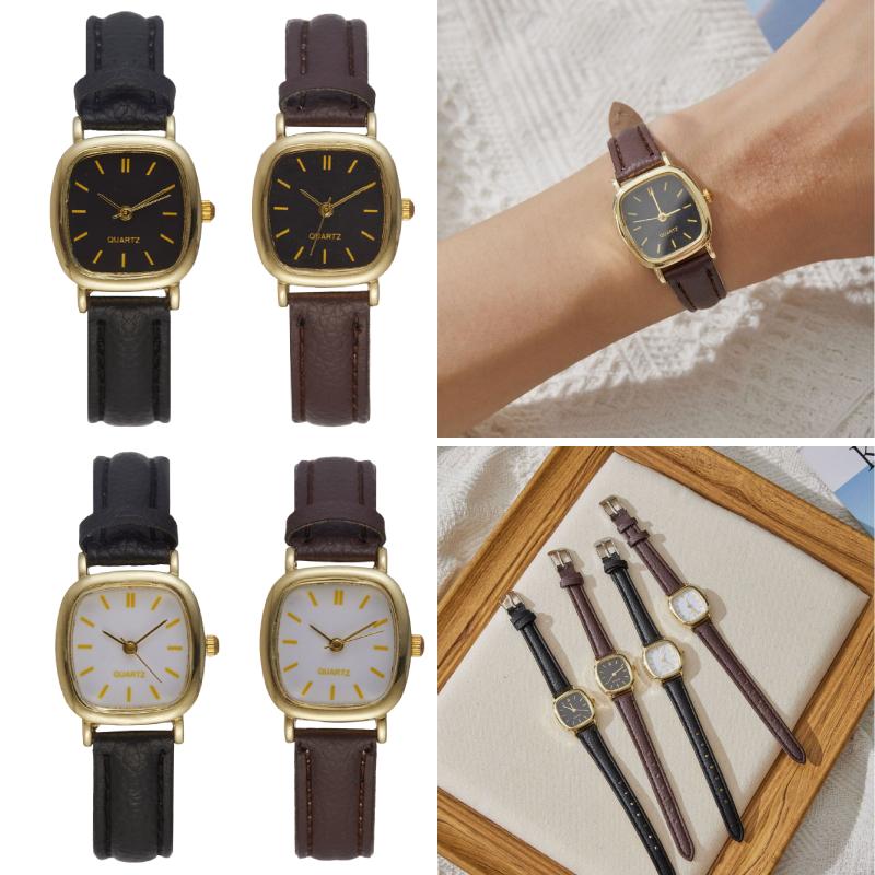 Square Minimalist Quartz Watch Women Petite Wrist Retro Synthetic Leather Strap