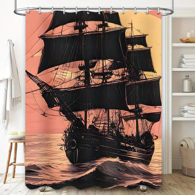 Sailing Ship Shower Curtain Black Pink Nautical Bath Decor for Kids or Adults Polyester Fabric with Hooks Perfect Gift Idea For