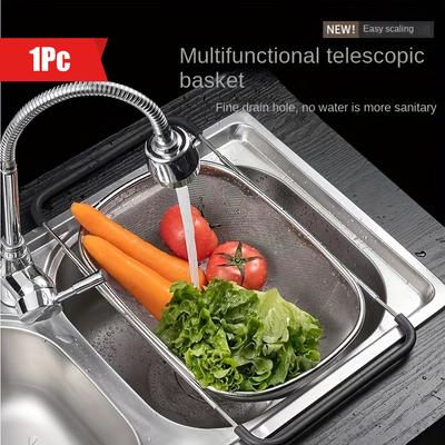 1pc, Sink Colander, Vegetable Sink Washing Basket, Fruit Drain Basket Rack, Stainless Steel Drain Basket, Strainer Basket, Adjustable Sink Rack