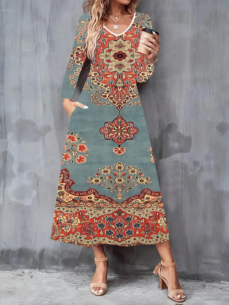 2025 Herbst und Winter Neue Damen Casual Mode Kleid 3D Retro Totem Druck Langarm V-Ausschnitt A-Linien Kleider