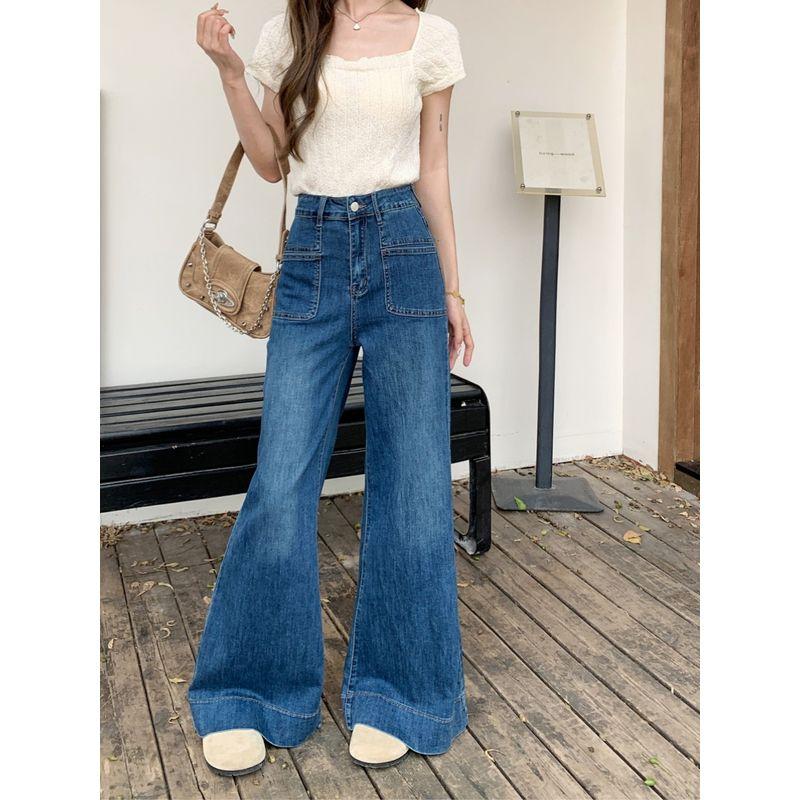 American Retro Loose Washed-out Denim Women's Autumn High-Waisted Boot-Cut Pants Easiest for Match Small Straight-Leg Pants Loose Pants