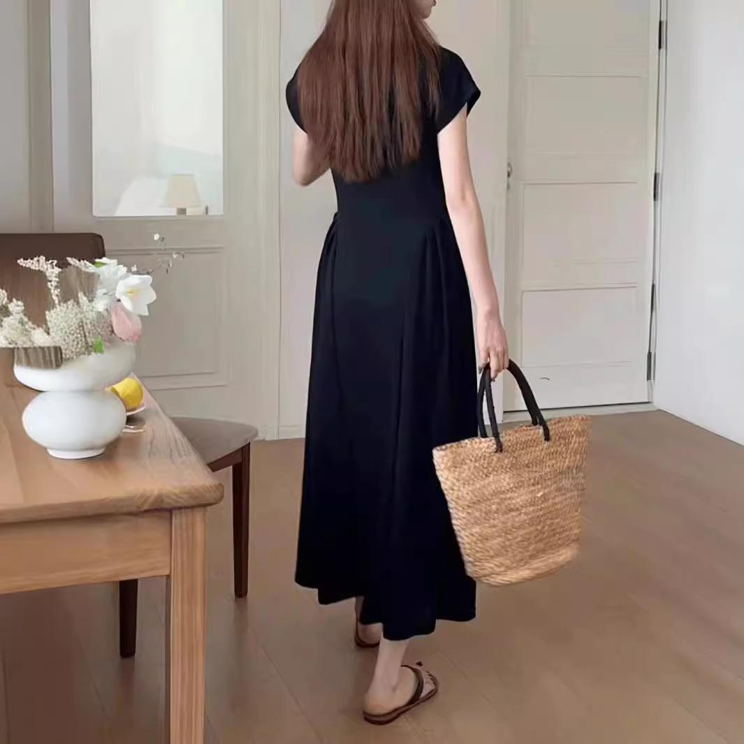 

Dress women s long and thin Korean version V-neck design feeling waist casual Korean version short-sleeved summer dress S чёрный