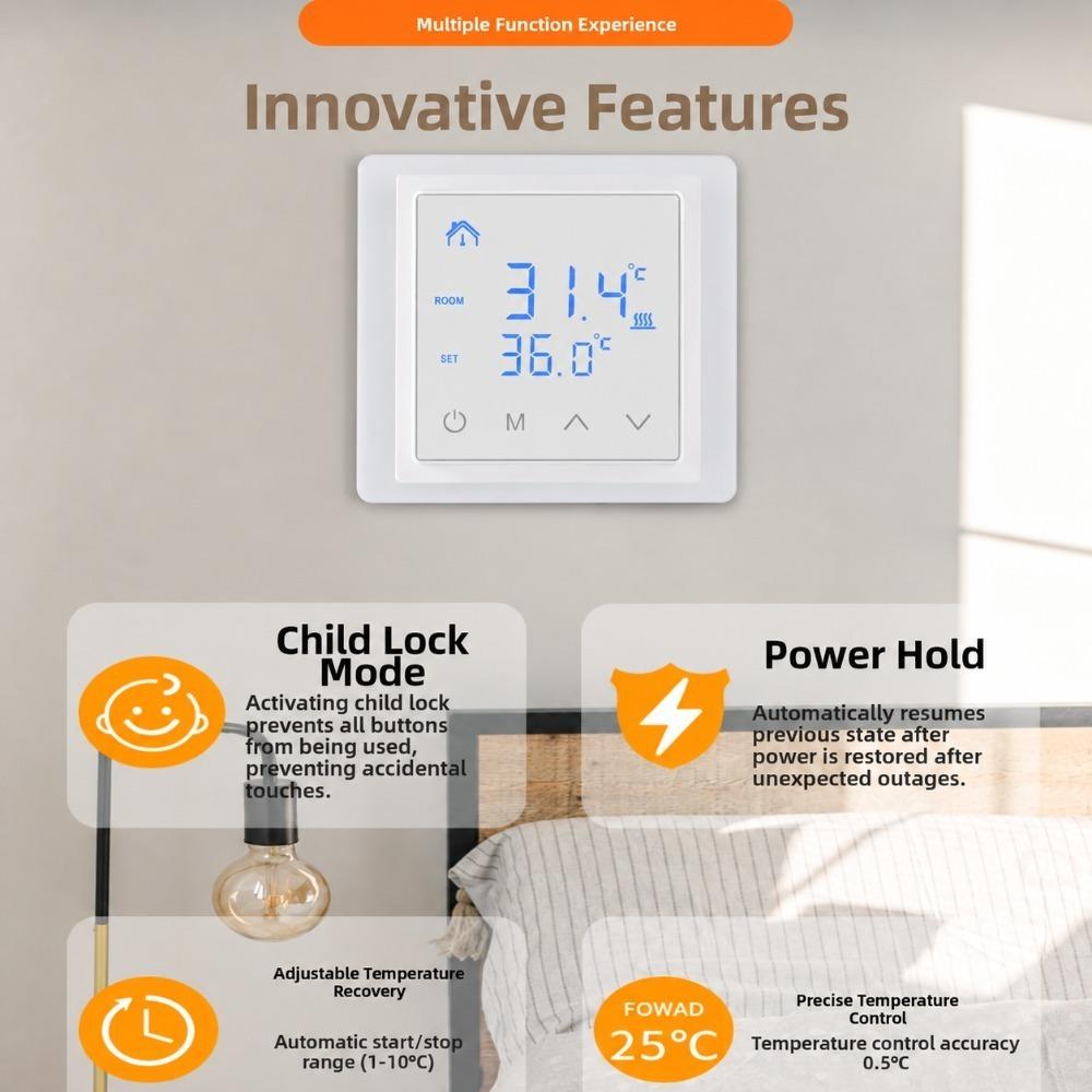 Touch Screen Smart Thermostat White Backlight Electric Heat Thermostat  Electric Heating Cable