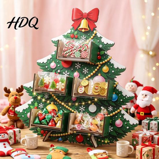 Christmas Candy Display Stand Tree Wooden Stand Acrylic Drawer Organizer for Holiday Window Party Dessert Table Treat Holder