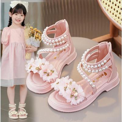 Girls' Sandals 2026 Summer New Little Girl Fashion Princess Shoes Baby Flower Fairy Style Soft Sole Pearl Shoes