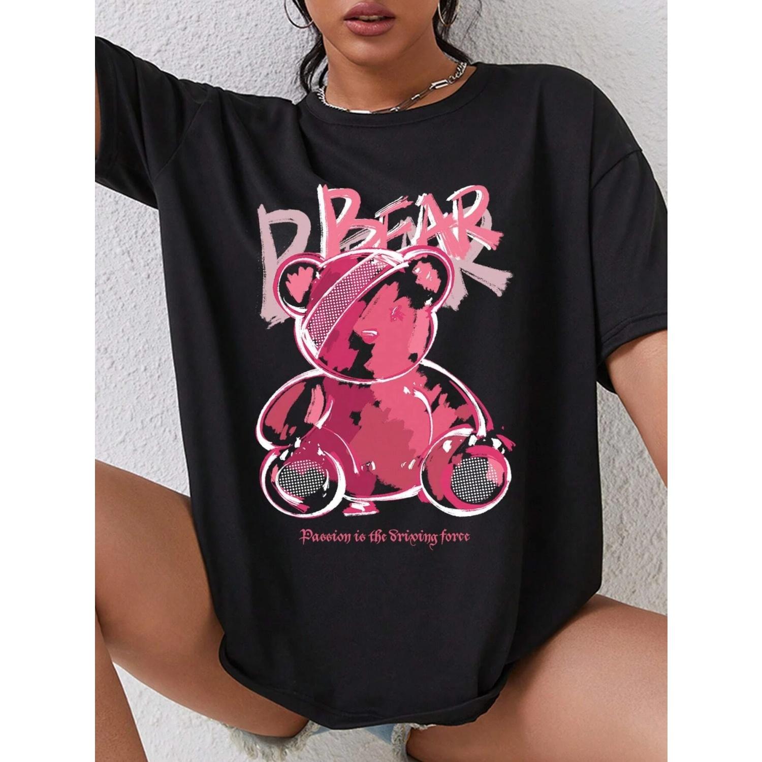 

Bear Cute Cartoon Pattern Printing Female Tshirts Breathable Casual T-Shirts Summer Soft Short Sleeve Loose T-Shirt Women S чёрный