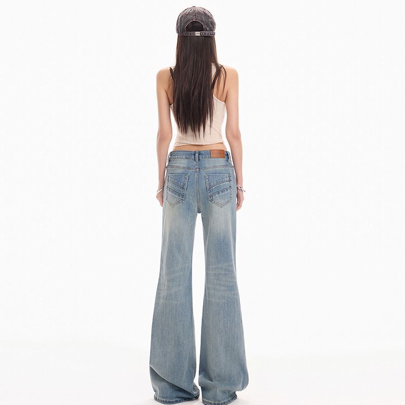Spring Summer Vintage Light Blue Handmade Cat Whisker Low Waist Classic Slim Micro Flare Denim Pants For Women Casual Pants Oversize Denim Trousers