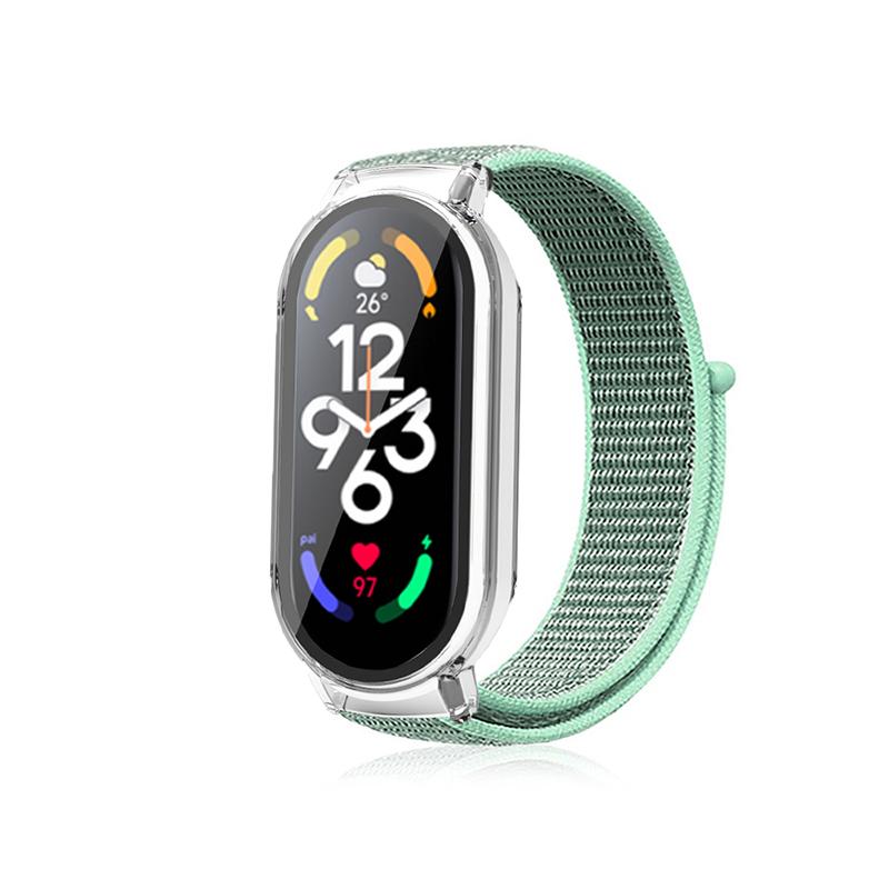 

For Xiaomi Mi Band 7/7 NFC Nylon Loop Watch Strap 3 in 1 Wrist Band with PC Protective Case and Tempered Glass Screen Protector Sky Blue/Blue
