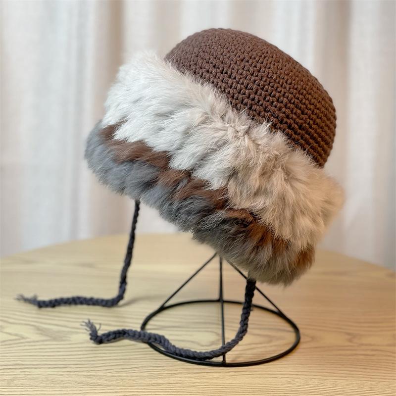 Women's Hand-Knitted Colorful Plush Rabbit Fur Bucket Hat Warm Winter Beanie with Multi-Color Autumn & Winter Fashion Accessory, Comfortable Knit Hat