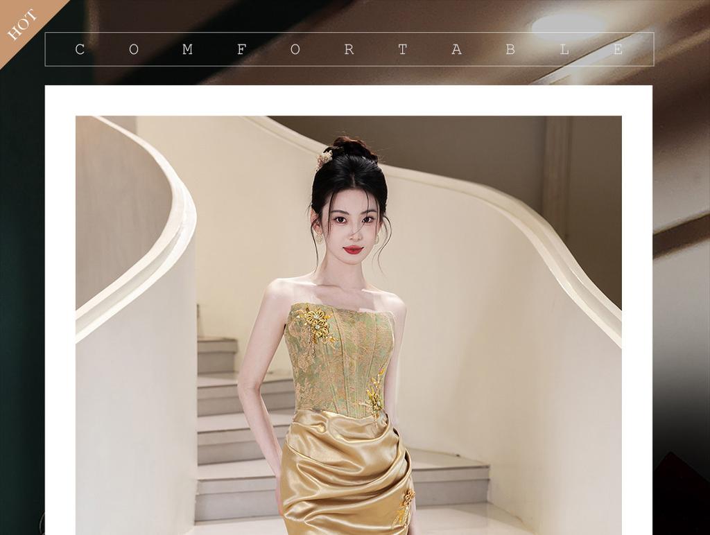 New Chinese champagne bridal wedding toast morning robe new tube top engagement national style light luxury evening dress