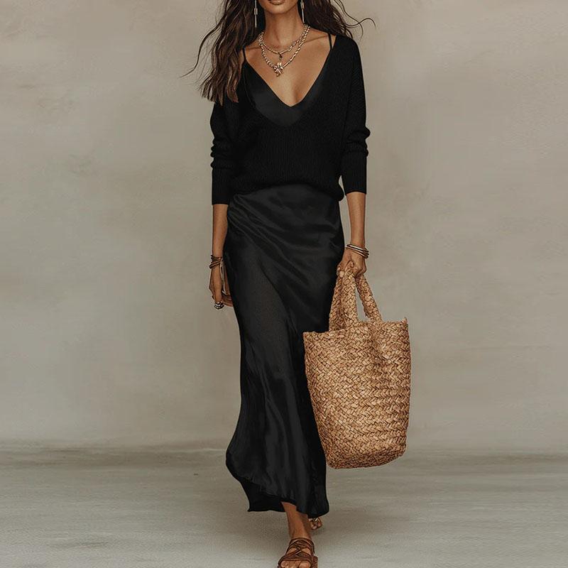 Spring Long Sleeve Loose Sweater Women's Set Elegant V Neck Satin Long Dress Suit Summer Casual Slim Vacation Beach Outfit Mujer