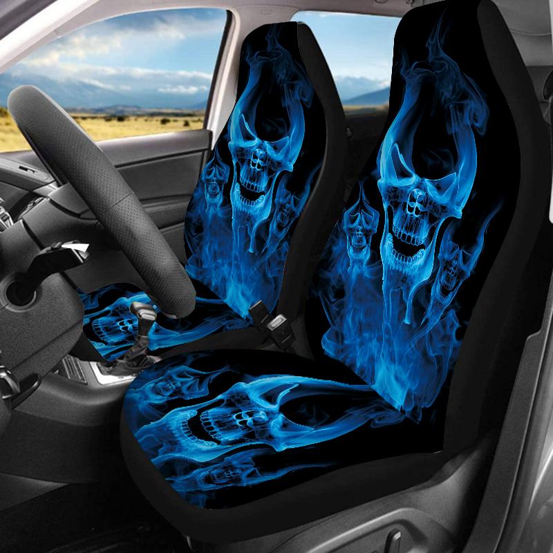 Blue Skull Print car seat cover + rear seat back cover + rear bottom stool cover car seat cover 7-piece set of auto parts, unive