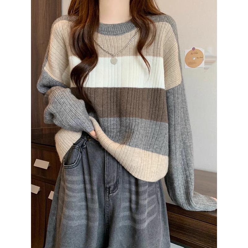 Korean Style Striped Knit Sweater - Women's Loose Fit Round Neck for Spring & Autumn