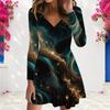 Women Plus Size V Neck Long Sleeve Abstract Swirl Printed A Line Dress