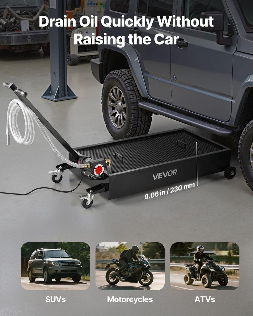 Low Profile Oil Drain Pan, 75.7 L Capacity, Rolling Oil Drain Pan with Electric Pump & 2.2 M Hose, Leak-proof & Corrosion-resistant, Fit for Cars,