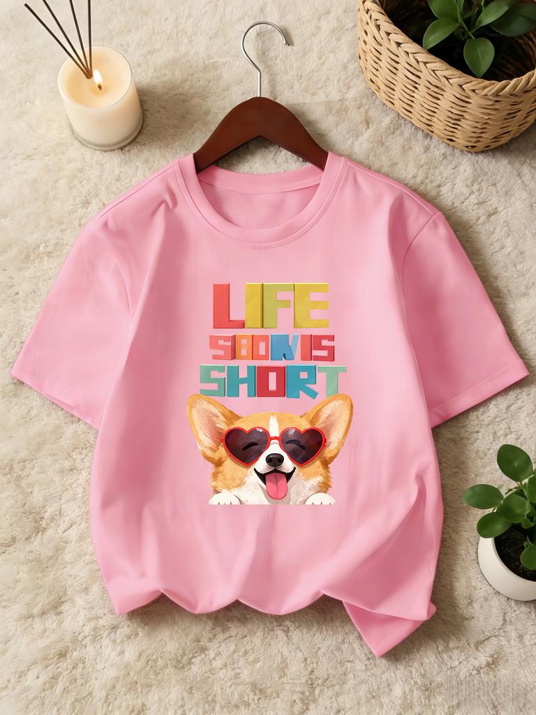 Family Tee Cute Corgi Heart Sunglasses Life Is Short Letter Print Soft Sleeve Parent Child Kids Casual Comfort Daily Basic Tops