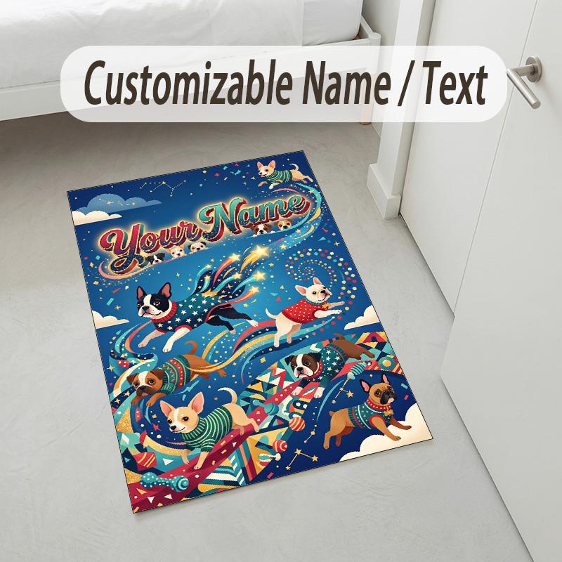 Dog Theme Crystal Velvet Rug Personalized Custom Name Text Soft Floor Mat Home Decor