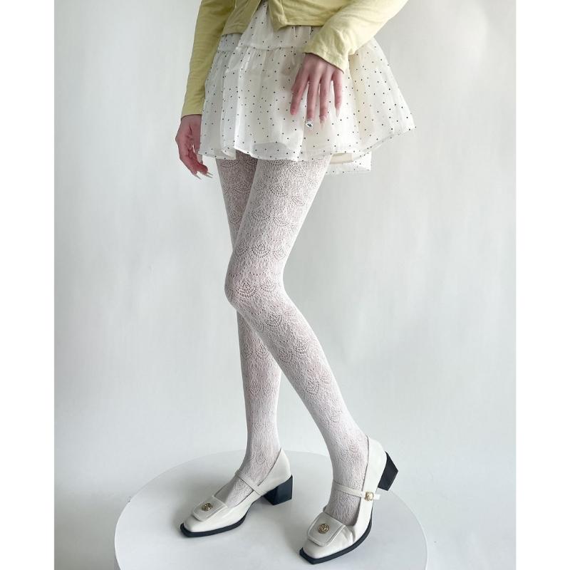 Women Elegant Hollowed Out Lace Solid Pantyhose Stockings Japanese Style Vintage Flower Jacquard Mesh Tights Leggings