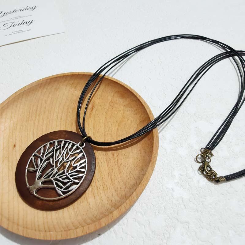 New Retro New Chinese Style Cotton and Linen Hollow Accessories Wooden Leaf Long Necklace Women's Necklace